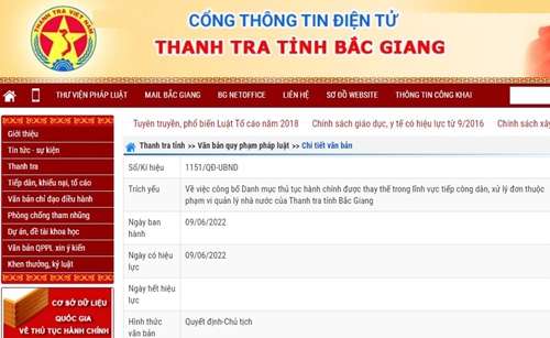 Danh mục thủ tục hành chính thay thế trong quản lý nhà nước của Thanh tra tỉnh Bắc Giang